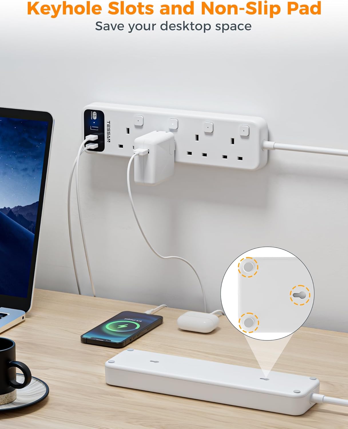 Tessan 4-Gang Extension 3 USB-A 2m 13A TS-B204