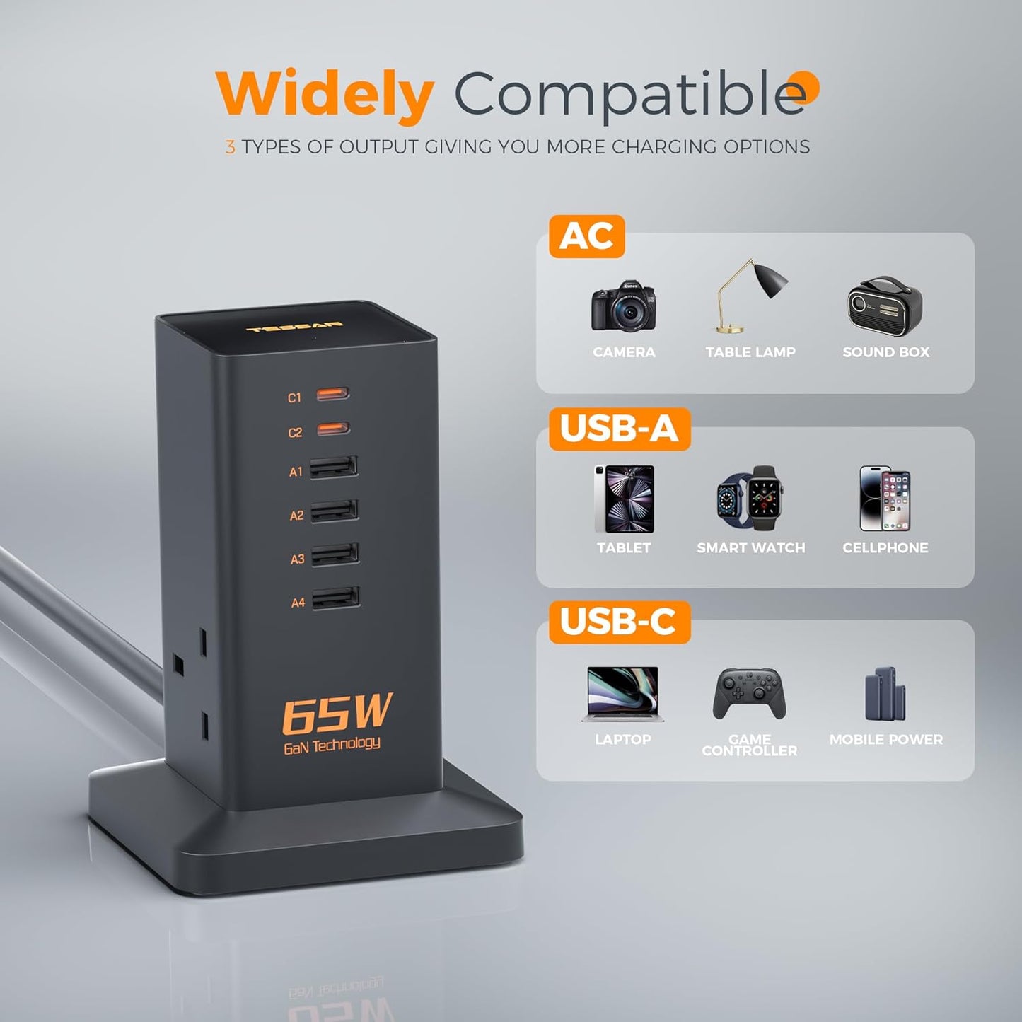 Tessan 2 Gang Extension 4 USB-A 2 USB C 2m 13A TS-FS02UK00