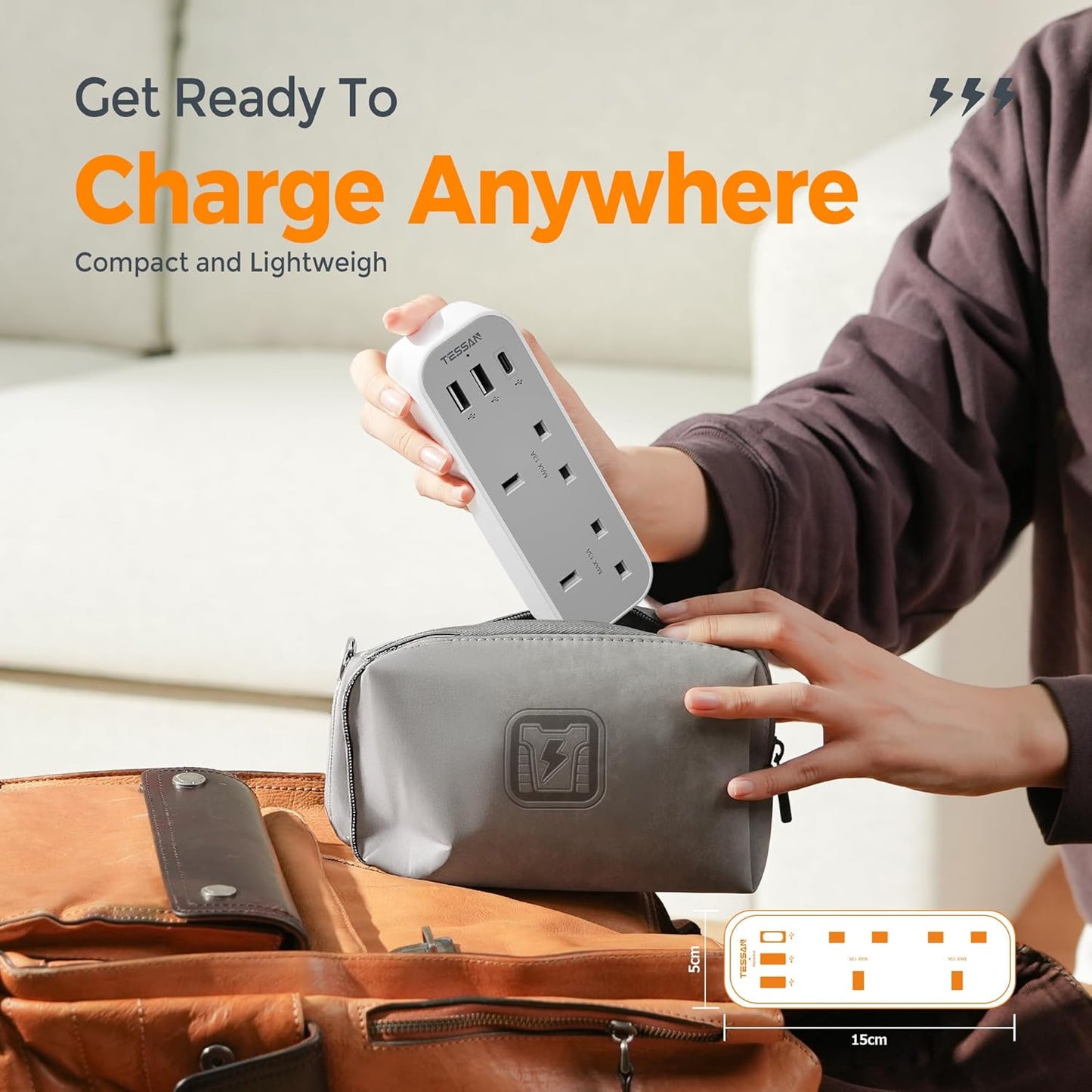 Tessan 13A TS-222-C 2-Gang plug Through UK Charger 2 USB A USB C