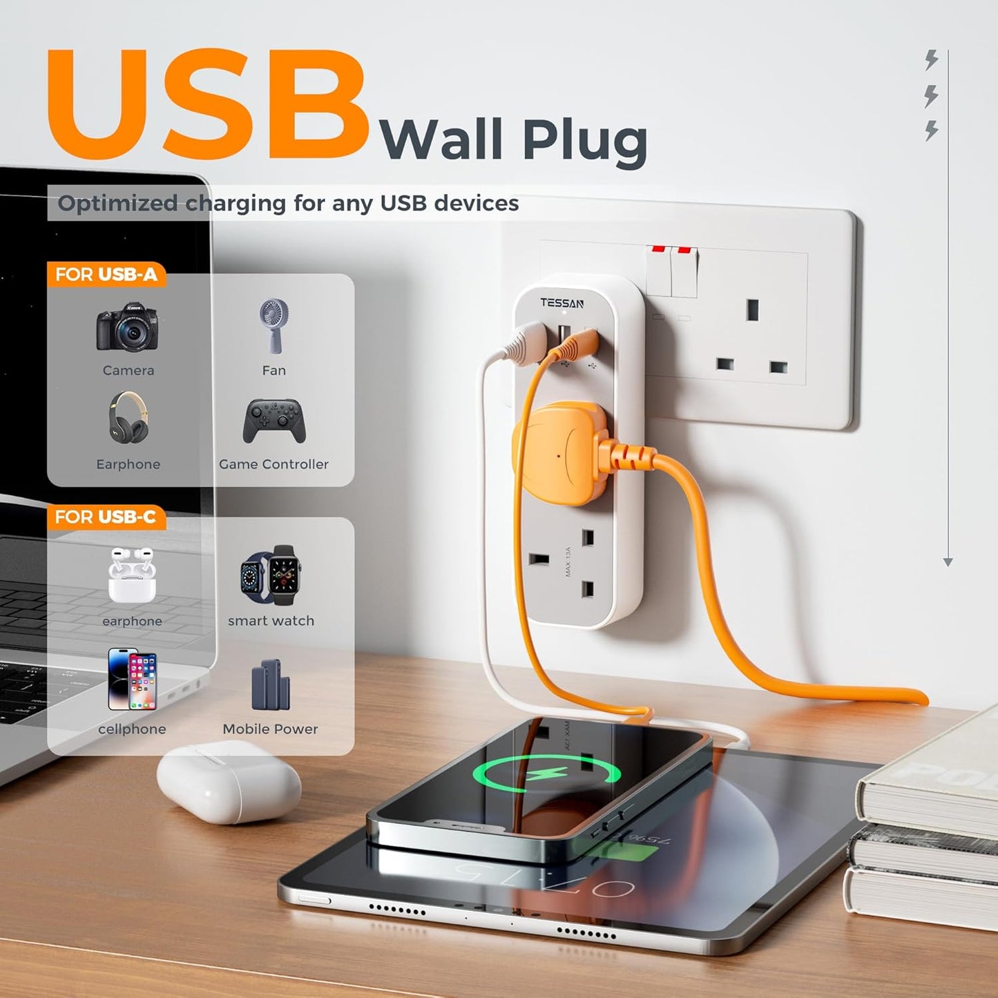 Tessan 13A TS-222-C 2-Gang plug Through UK Charger 2 USB A USB C