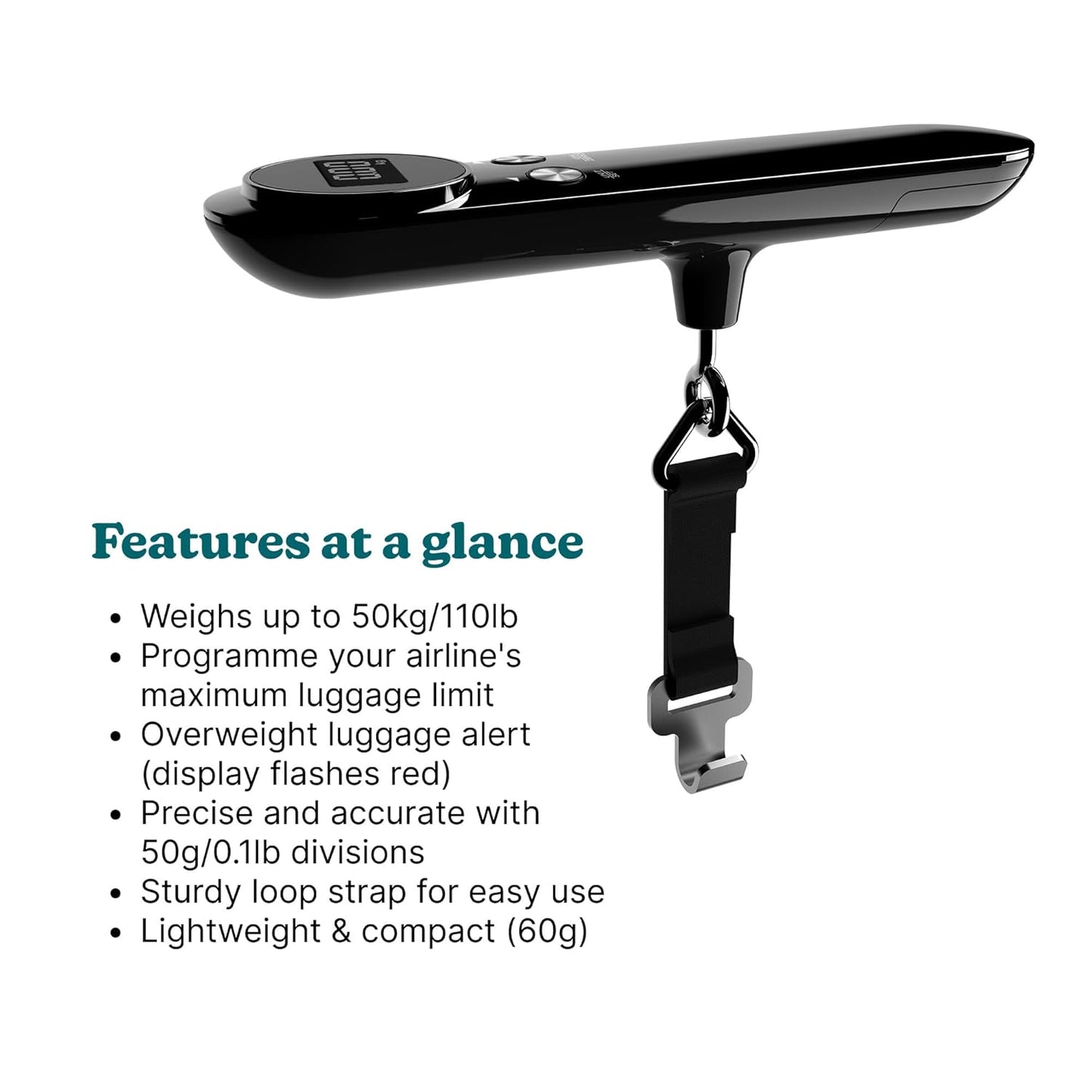 HoMedics SCL-L100-BKR Travel Luggage Scale Digital Display up to 50Kg