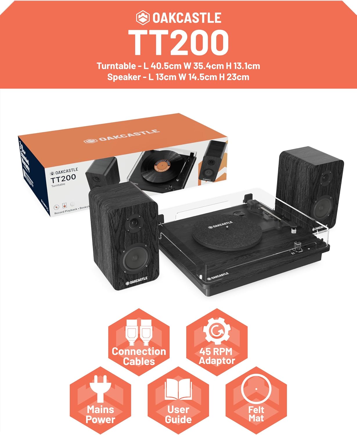 Majority Turntable TT200 Belt Drive & 2x External 50W Speakers (Oakcastle)
