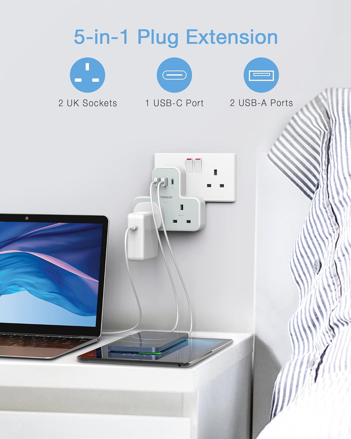 Tessan TS-221-C 2-Gang plug Through UK Charger 2 USB A USB C 13A