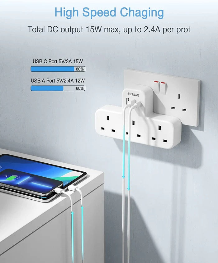 Tessan TS-223-C 3-Gang plug Through UK Charger 2 USB A USB C 13A