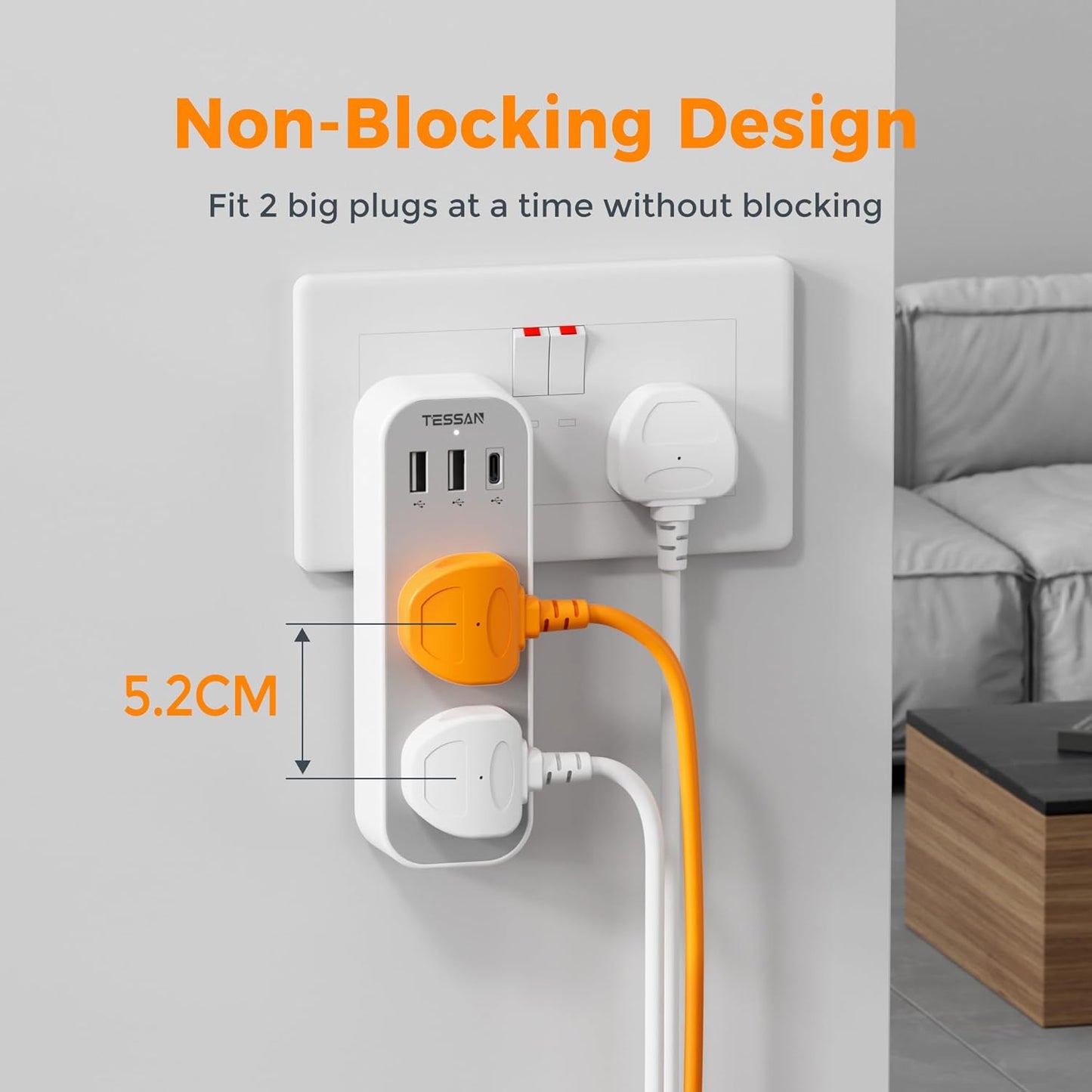 Tessan 13A TS-222-C 2-Gang plug Through UK Charger 2 USB A USB C