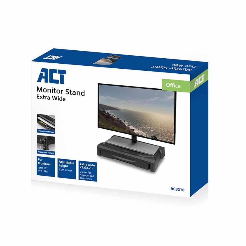 ACT AC8210 MONITOR STAND EXTRA WIDE W/ONE DRAWER ADJUSTABLE 6 OR 9cm BLACK