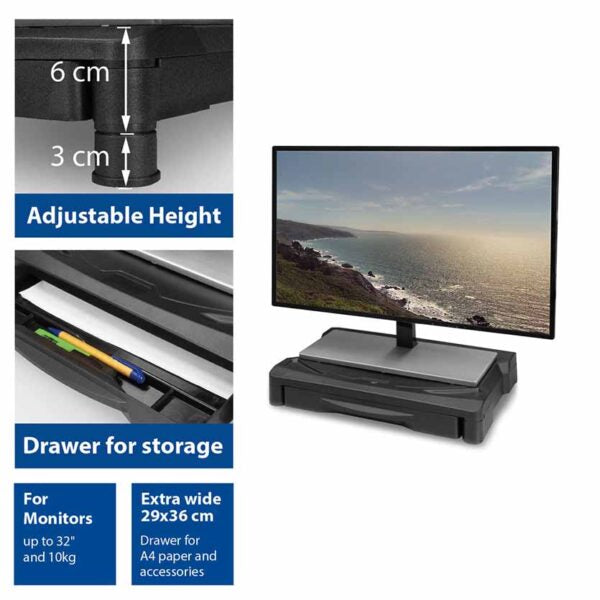 ACT AC8210 MONITOR STAND EXTRA WIDE W/ONE DRAWER ADJUSTABLE 6 OR 9cm BLACK
