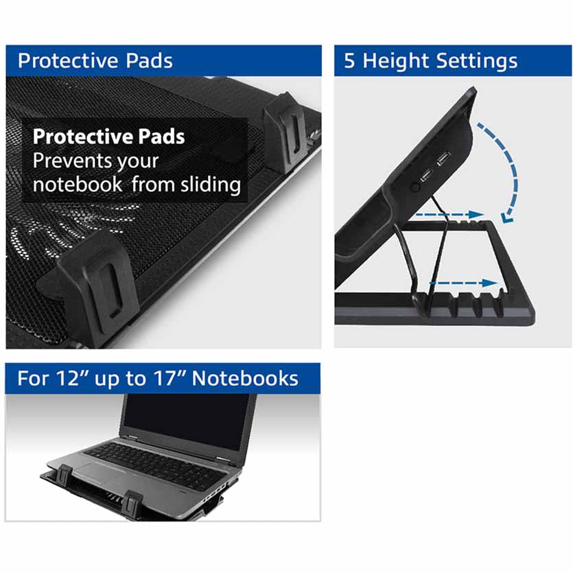 EWENT EW1258 N/B COOLING STAND W/HUB 2-PORT ADJUSTABLE HEIGHT UPTO 17″ BLACK