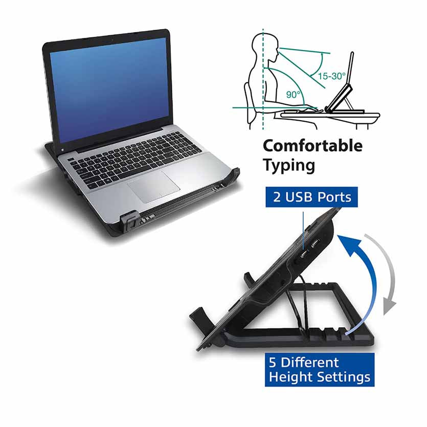 EWENT EW1258 N/B COOLING STAND W/HUB 2-PORT ADJUSTABLE HEIGHT UPTO 17″ BLACK