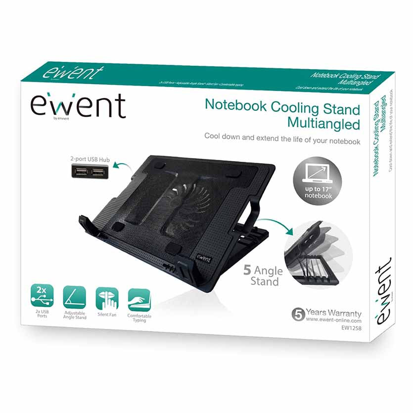 EWENT EW1258 N/B COOLING STAND W/HUB 2-PORT ADJUSTABLE HEIGHT UPTO 17″ BLACK