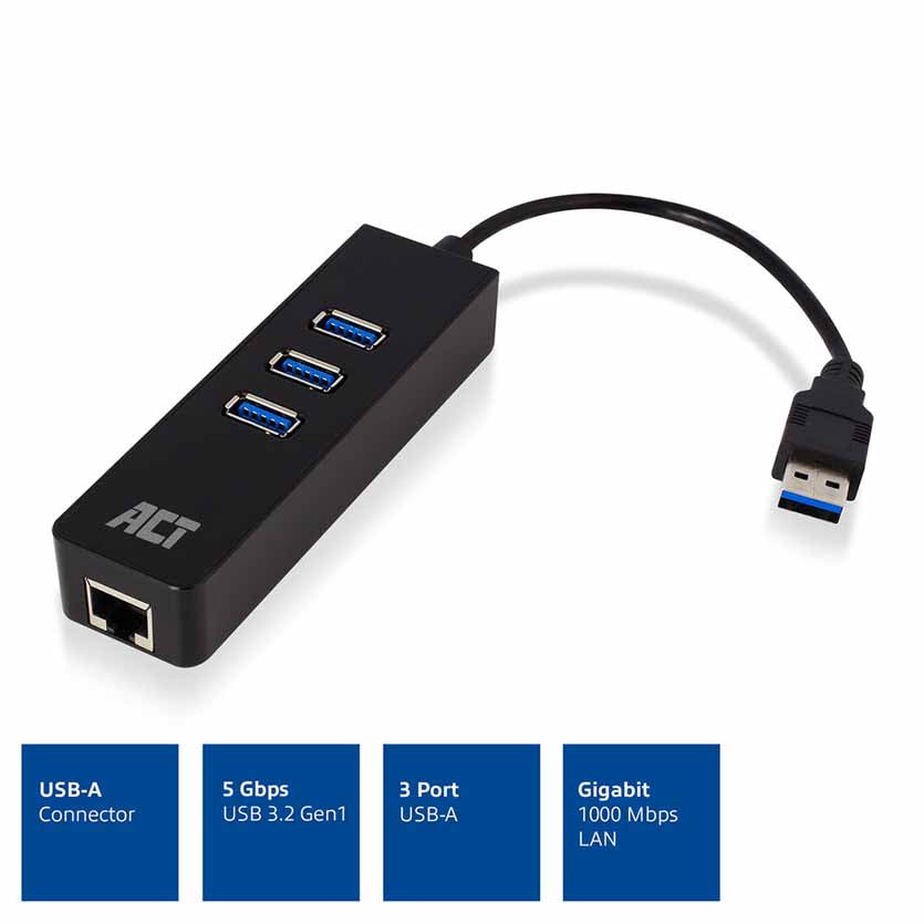 ACT, AC6310 USB3.0 TO 3-PORT HUB WITH GIGABIT ADAPTER