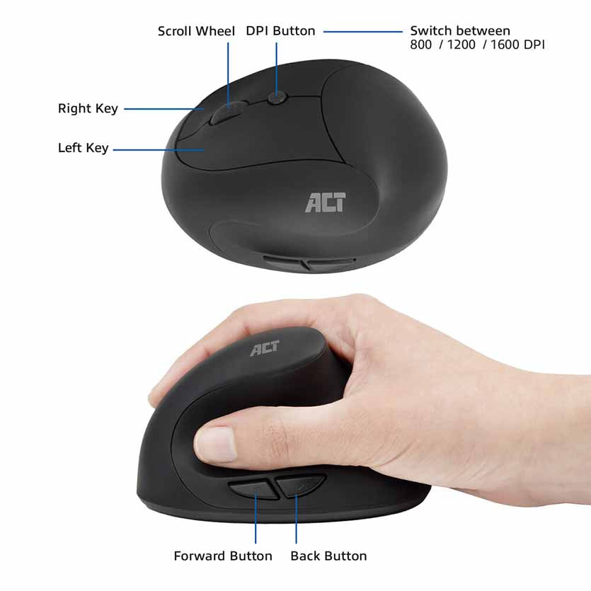 ACT, AC5101 ERGONOMIC MOUSE WIRELESS 2.4GHz USB NANO RECEIVER,1600DPI BLACK