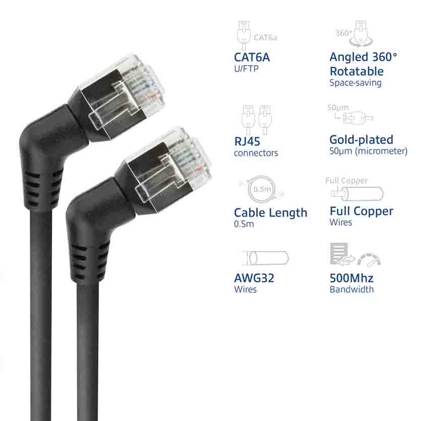 ACT DD1900 0.5m U/FTP CAT6A SLIMLINE PATCH CABLE WITH ANGLED 360° ROTATABLE RJ45 CONNECTORS BLACK
