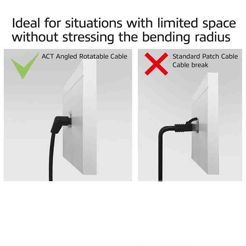 ACT DD1900 0.5m U/FTP CAT6A SLIMLINE PATCH CABLE WITH ANGLED 360° ROTATABLE RJ45 CONNECTORS BLACK