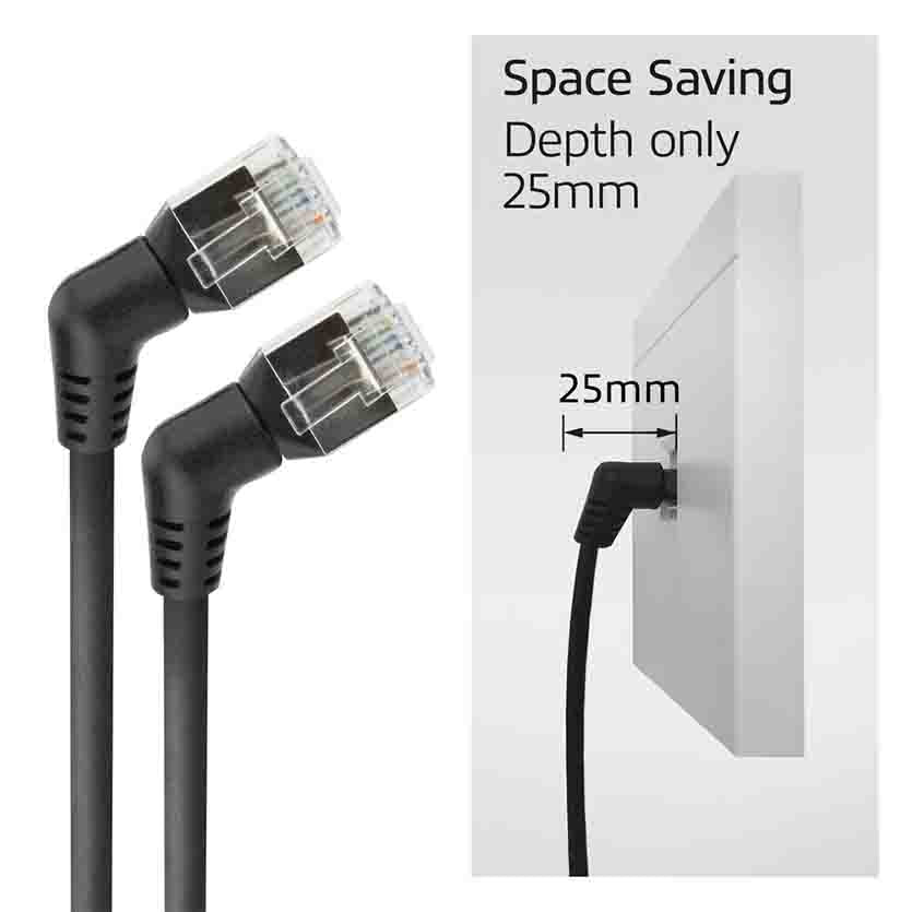 ACT DD1900 0.5m U/FTP CAT6A SLIMLINE PATCH CABLE WITH ANGLED 360° ROTATABLE RJ45 CONNECTORS BLACK