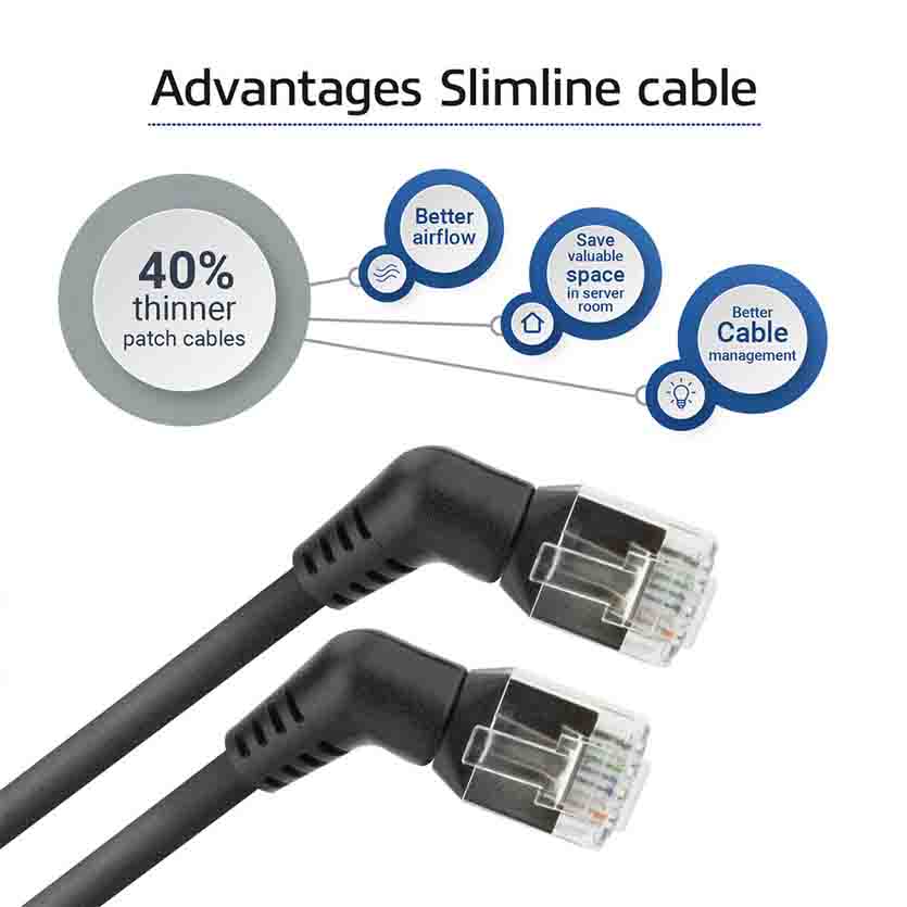 ACT DD1900 0.5m U/FTP CAT6A SLIMLINE PATCH CABLE WITH ANGLED 360° ROTATABLE RJ45 CONNECTORS BLACK