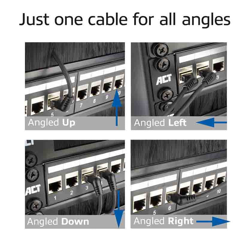 ACT DD1900 0.5m U/FTP CAT6A SLIMLINE PATCH CABLE WITH ANGLED 360° ROTATABLE RJ45 CONNECTORS BLACK