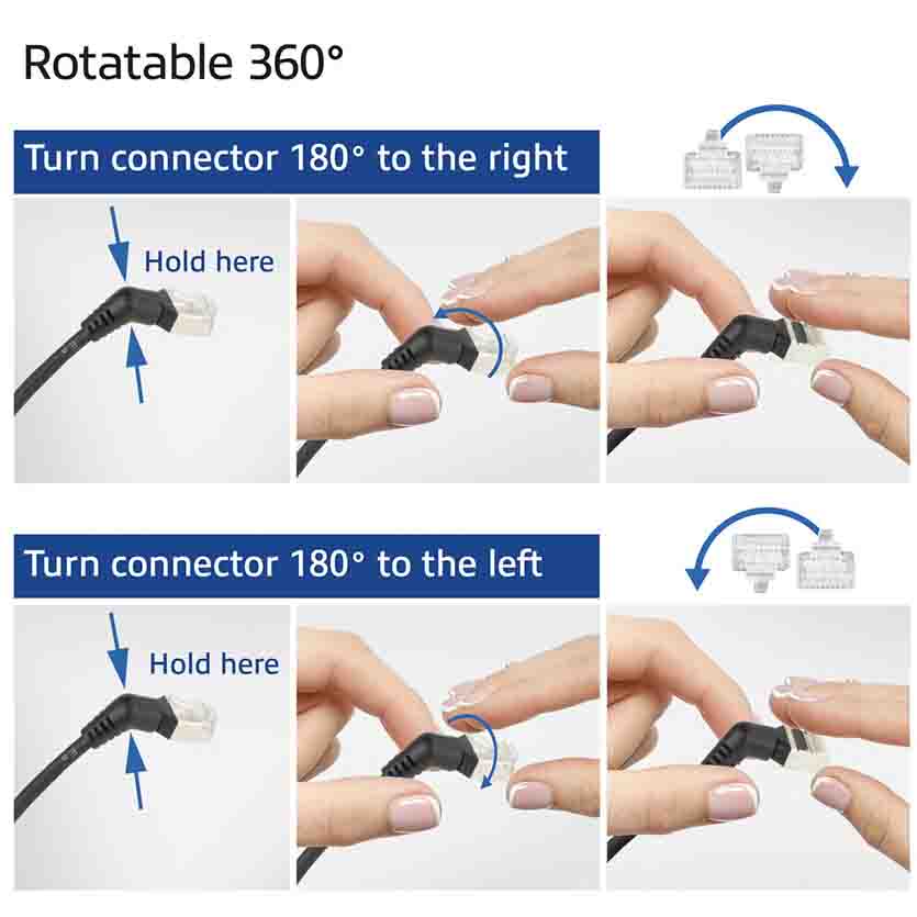 ACT DD1900 0.5m U/FTP CAT6A SLIMLINE PATCH CABLE WITH ANGLED 360° ROTATABLE RJ45 CONNECTORS BLACK