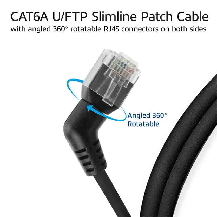ACT DD1952 BLACK 0.25m U/FTP CAT6A SLIMLINE PATCH CABLE WITH ANGLED 360 ROTATABLE RJ45 CONNECTORS