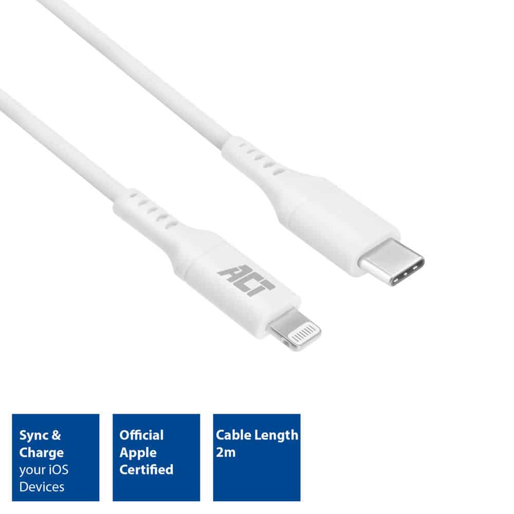 ACT AC3015 2m USB-C TO LIGHTNING M/M DATA/CHARGING CBL WHITE MFI CERTIFIED