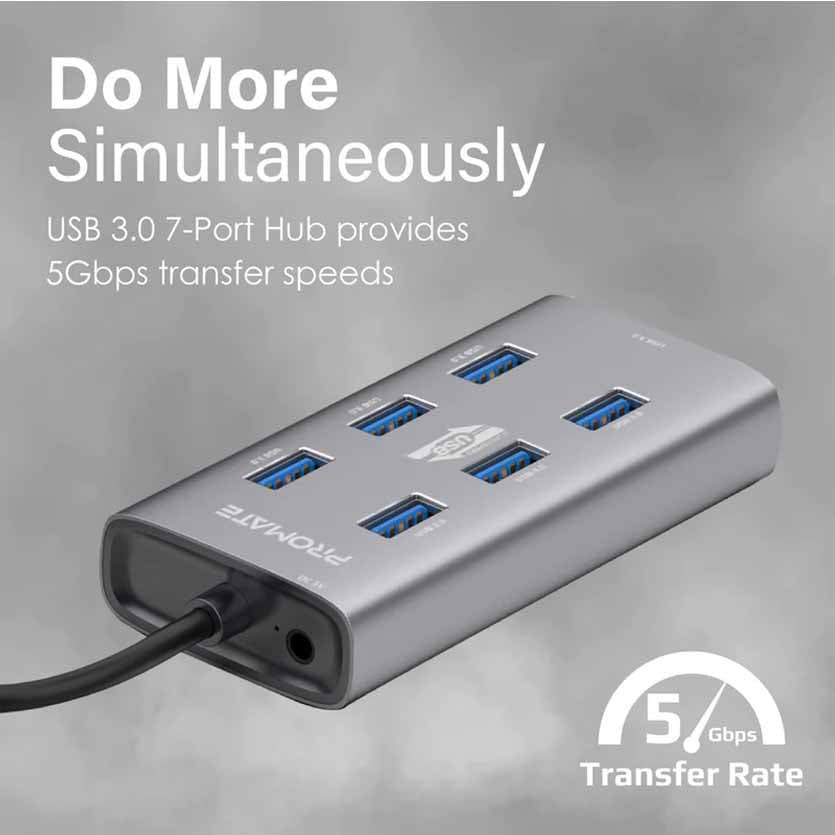 PROMATE, EZHUB-7 USB 7-PORT HUB3.0 & USB-C DATA & CHARGE, ALUMINIUM ALLOY