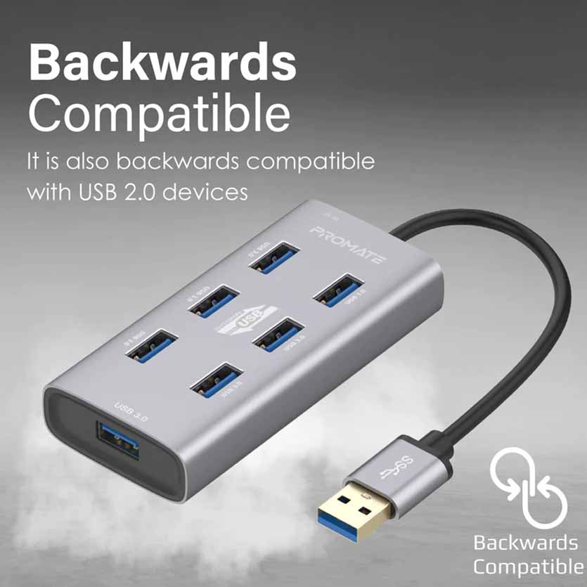 PROMATE, EZHUB-7 USB 7-PORT HUB3.0 & USB-C DATA & CHARGE, ALUMINIUM ALLOY