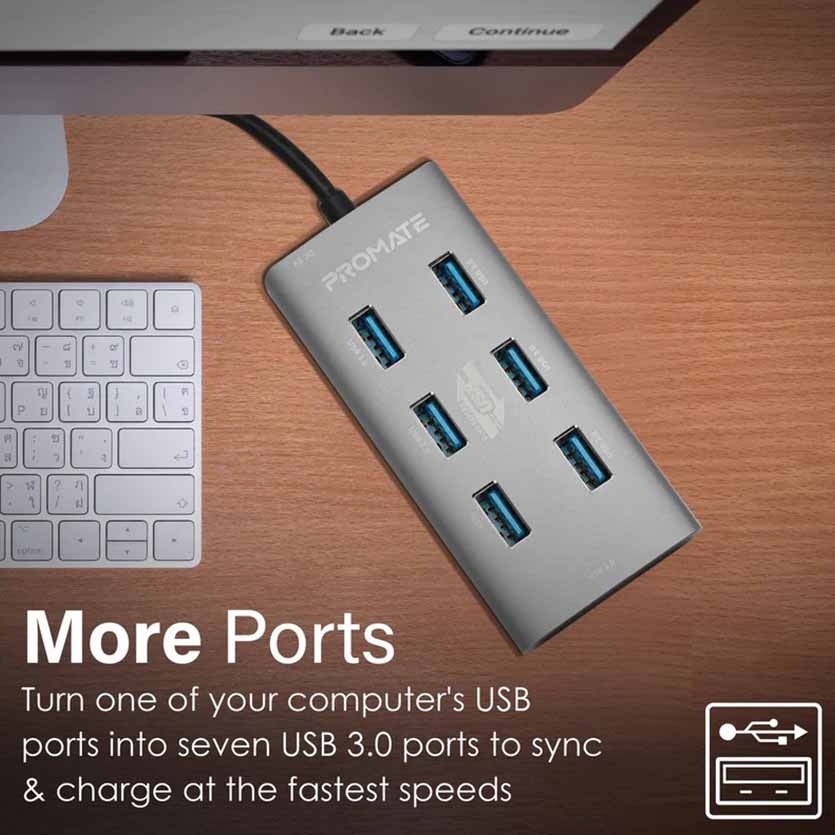PROMATE, EZHUB-7 USB 7-PORT HUB3.0 & USB-C DATA & CHARGE, ALUMINIUM ALLOY