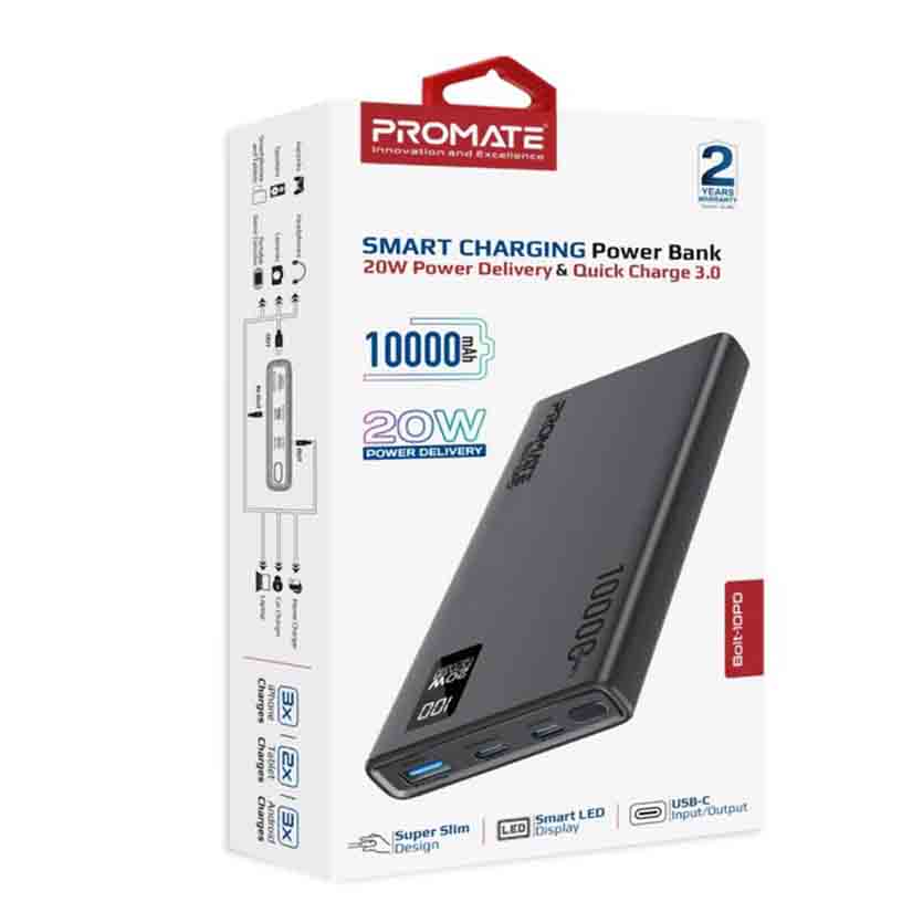 PROMATE BOLT-10PD.BLACK 10000mAh COMPACT SMART POWERBANK
