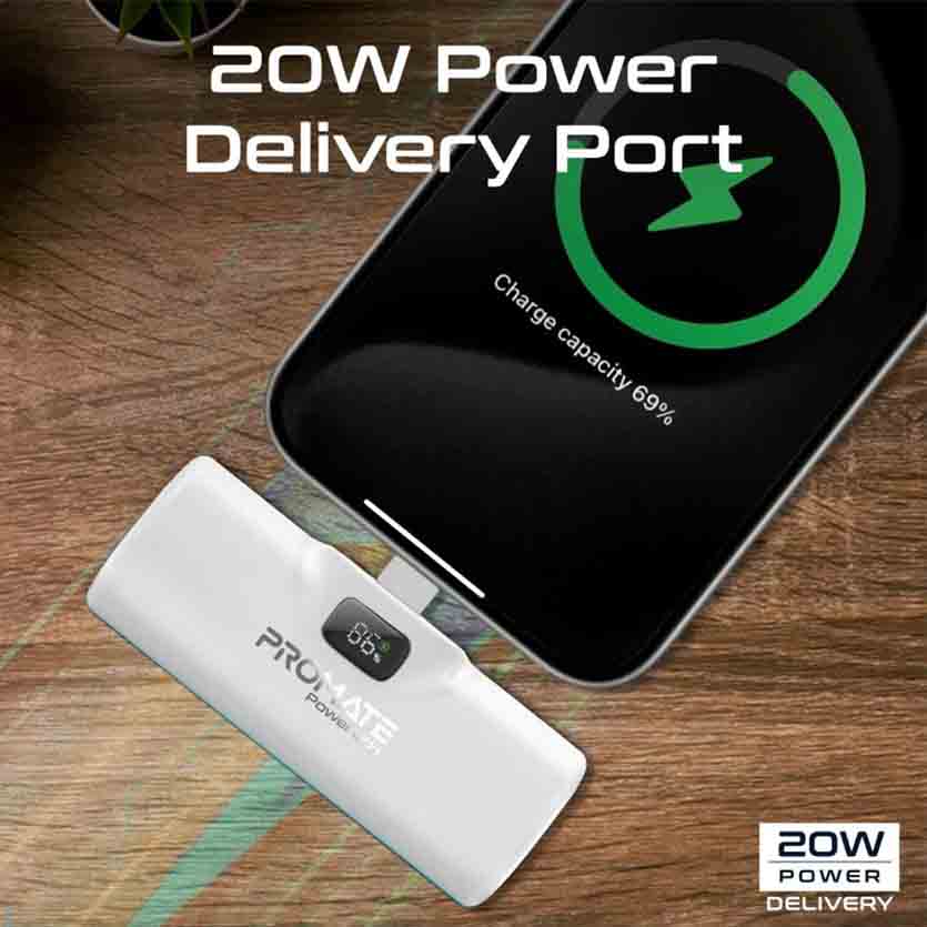PROMATE POWERUP-I.WHITE 5000mAh COMPACT FAST POWERBANK CONNECTOR