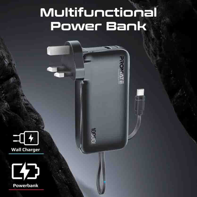 PROMATE POWERPACK-10C COMPACT-FAST CHARGING POWER BANK WITH AC CHARGER & BUILT-IN USB-C CABLE