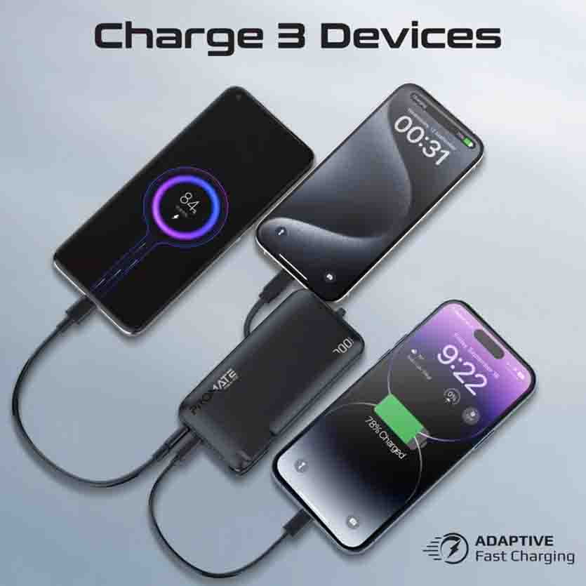 PROMATE POWERPACK-10C COMPACT-FAST CHARGING POWER BANK WITH AC CHARGER & BUILT-IN USB-C CABLE
