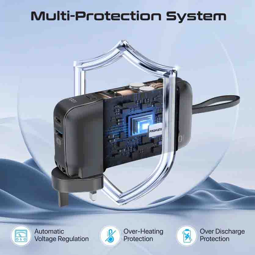 PROMATE POWERPACK-10C COMPACT-FAST CHARGING POWER BANK WITH AC CHARGER & BUILT-IN USB-C CABLE