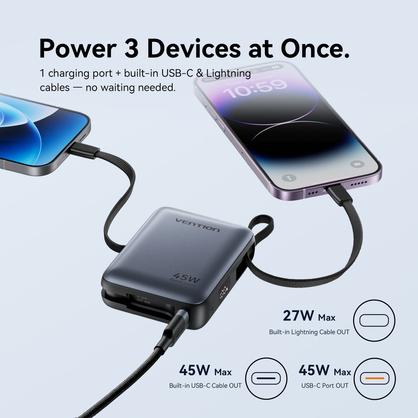 Vention Powerbank 10000mAh 45W Built-in USB-C & Lightning Cables FKMH0 Grey