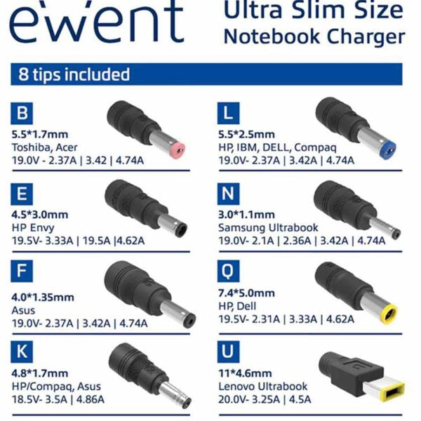 EWENT, EW3984 ULTRA SLIM NOTEBOOK CHARGER 45W UPTO 15.6″ INCLUDING 8 TIPS