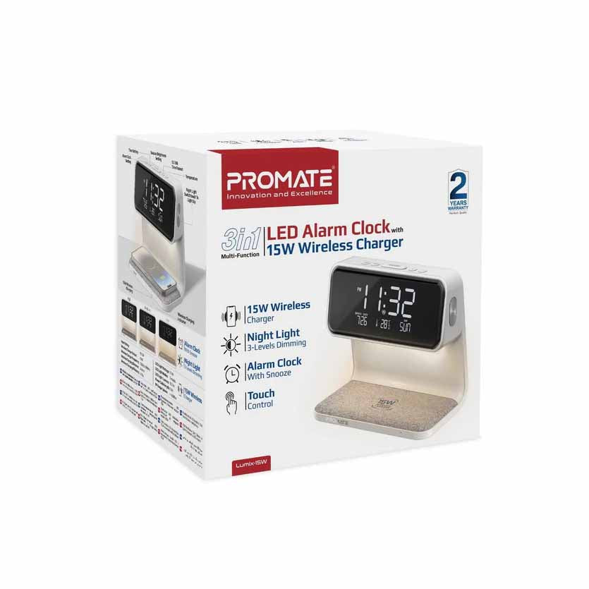 WHITE PROMATE LUMIX-15 MULTIFUNCTION LED ALARM CLOCK W/15W WIRELESS CHARGER