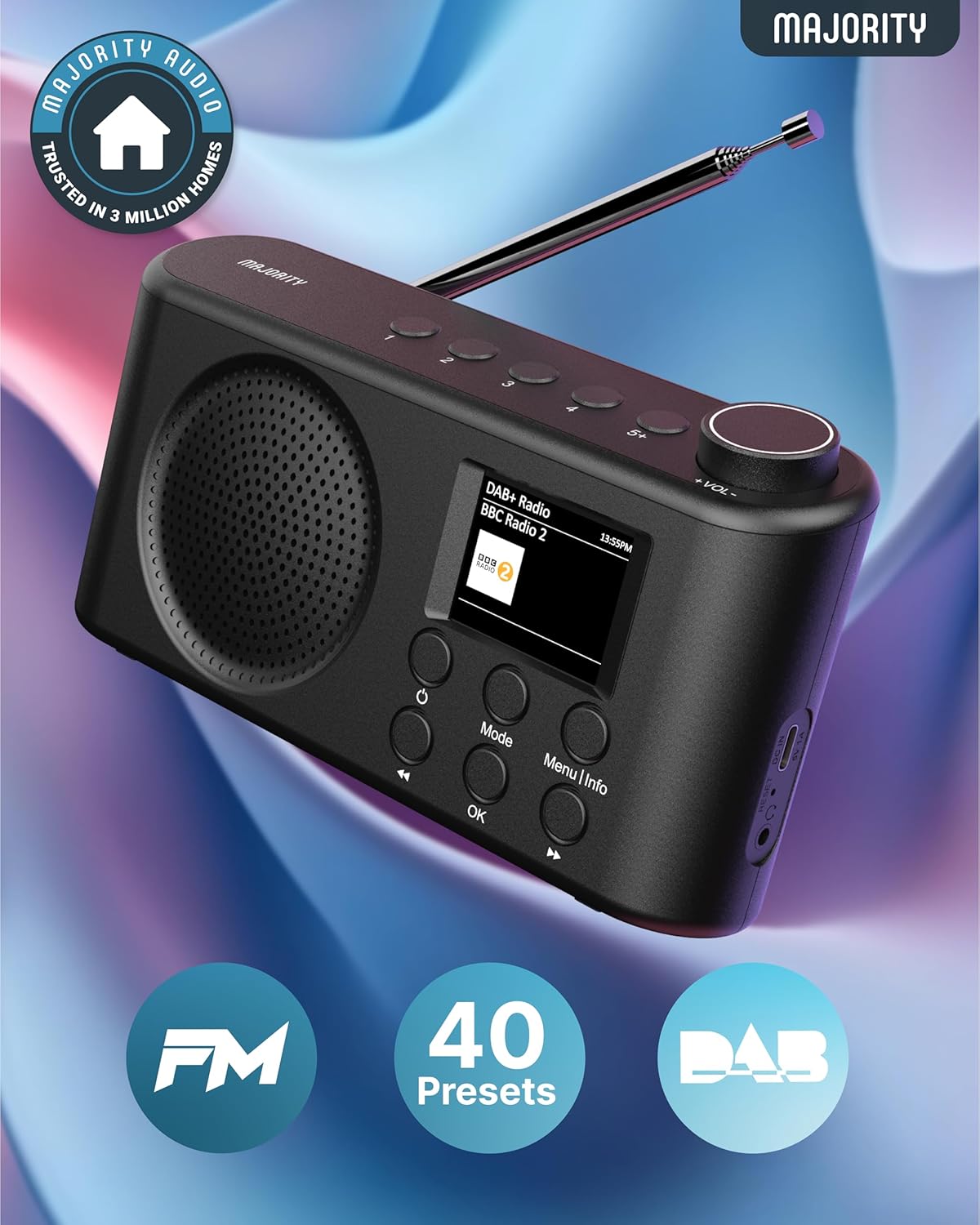 Majority ORWELL Pro Portable FM/DAB Radio with Display & Bluetooth USB-C Rechargeable