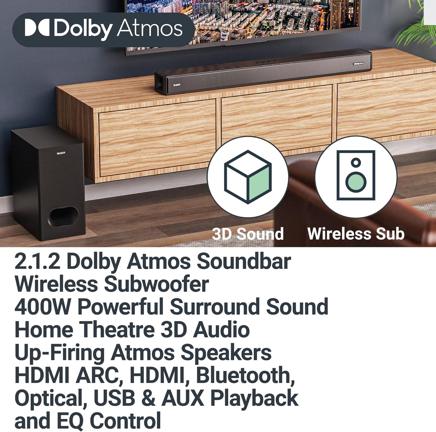 Majority Soundbar SIERRA PLUS 400W 2.1.2 Dolby Atmos Wls-Sub