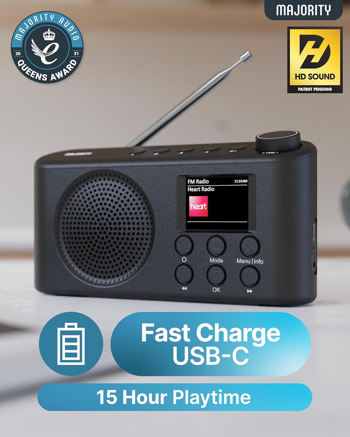 Majority ORWELL Pro Portable FM/DAB Radio with Display & Bluetooth USB-C Rechargeable