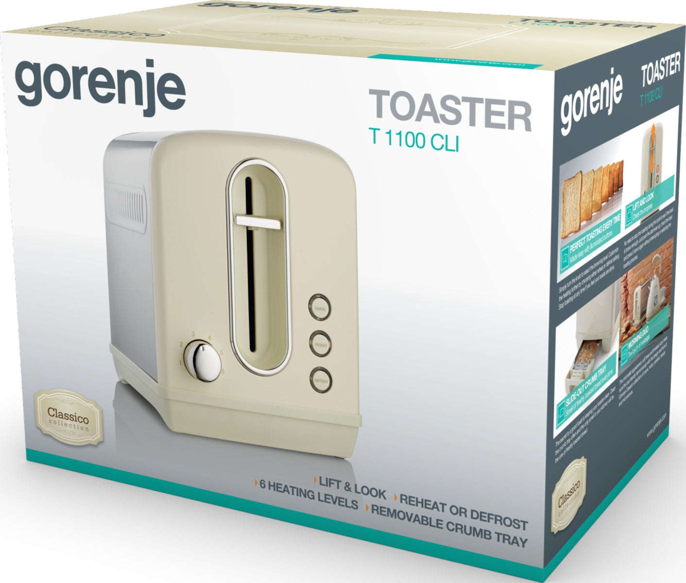 Gorenje T1100CLI Kitchen Toaster 850W 2 Slots 6 Heating Levels Ivory Metal