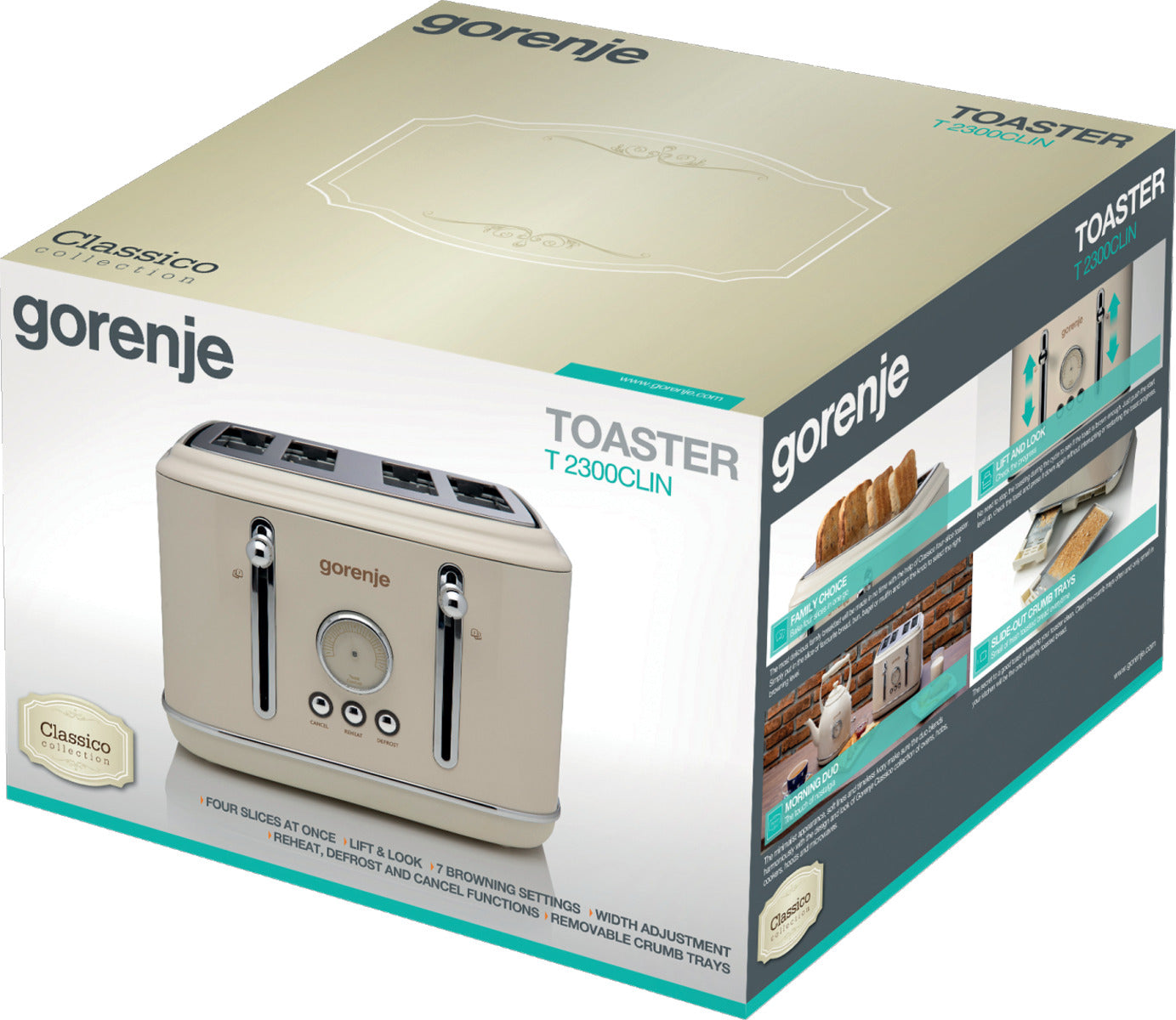 Gorenje T2300CLIN Kitchen Toaster 2300W 4 Slots 6 Heating Levels Classico Ivory