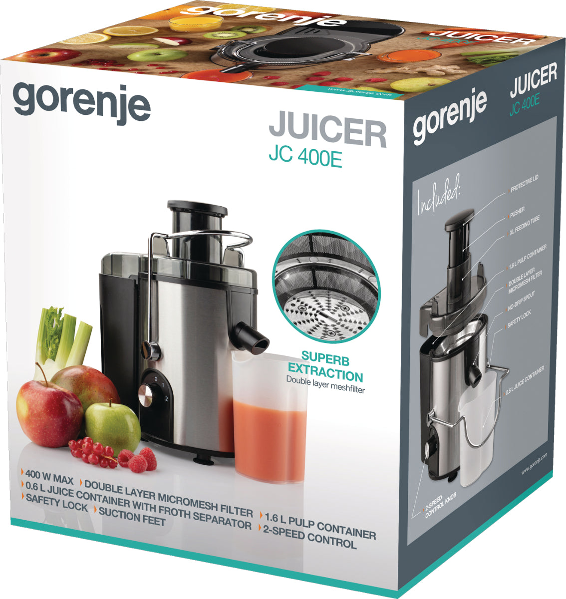 Gorenje Kitchen Juicer 400W 1.2L Pulp Container XL Tube JC400BE Inox/Black