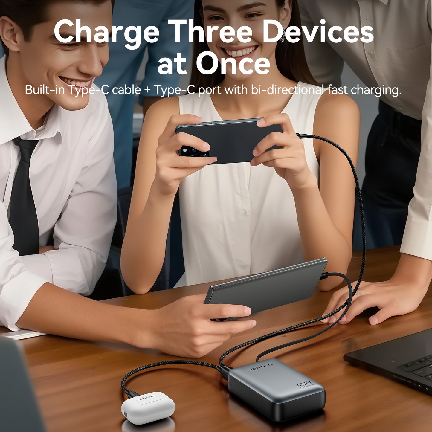 Vention Powerbank 20000mAh 45W 2xUSBC 1xUSBA + Built-in USBC Cable FHGH0-TY