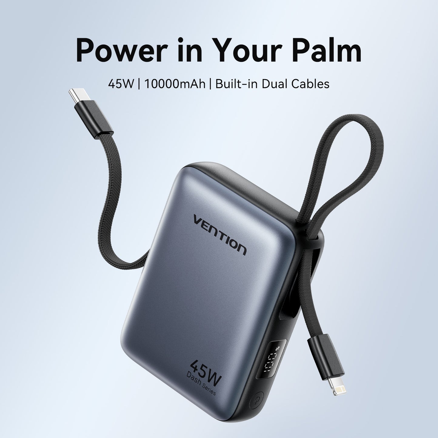 Vention Powerbank 10000mAh 45W Built-in USB-C & Lightning Cables FKMH0 Grey