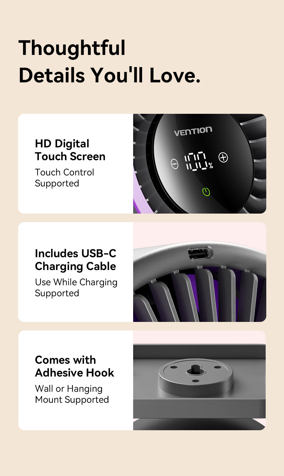 Vention PBIH0 Desktop Air Circulation Fan with Display & Wall Mount