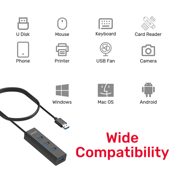 Unitek Y-3089 4x USB-A 3.0 Ports & 1x USB-C Power Port with 1.2m Cable