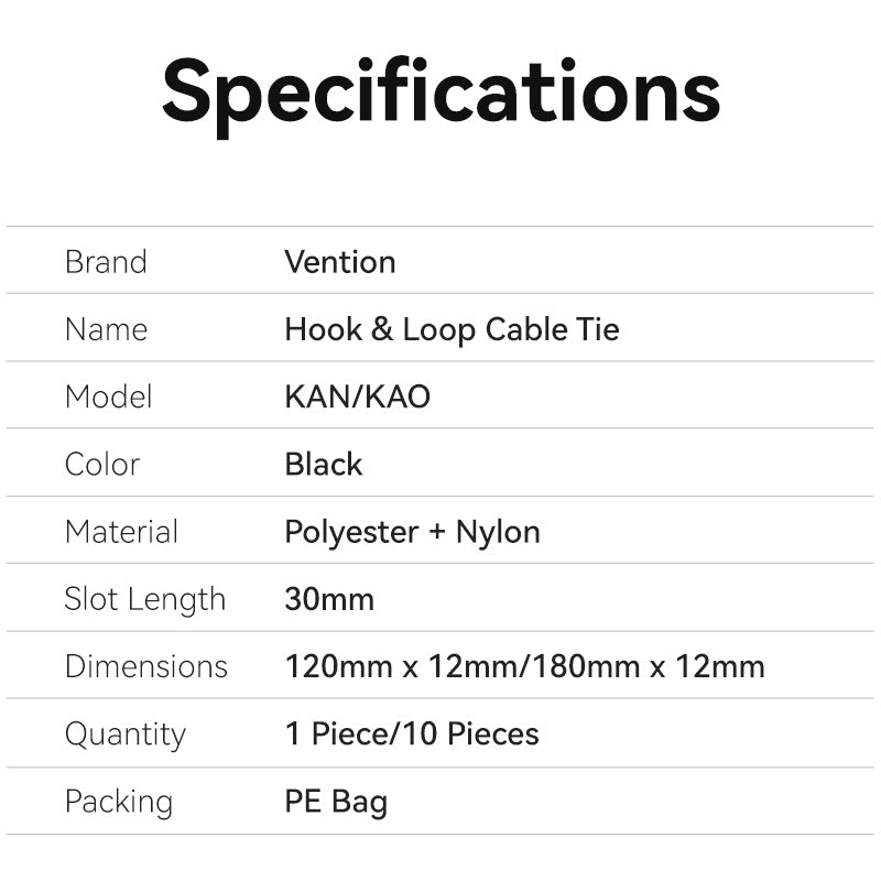 Vention KAOB0-10 Cable Organiser Hook & Loop Cable Tie 180mm 10 Pcs