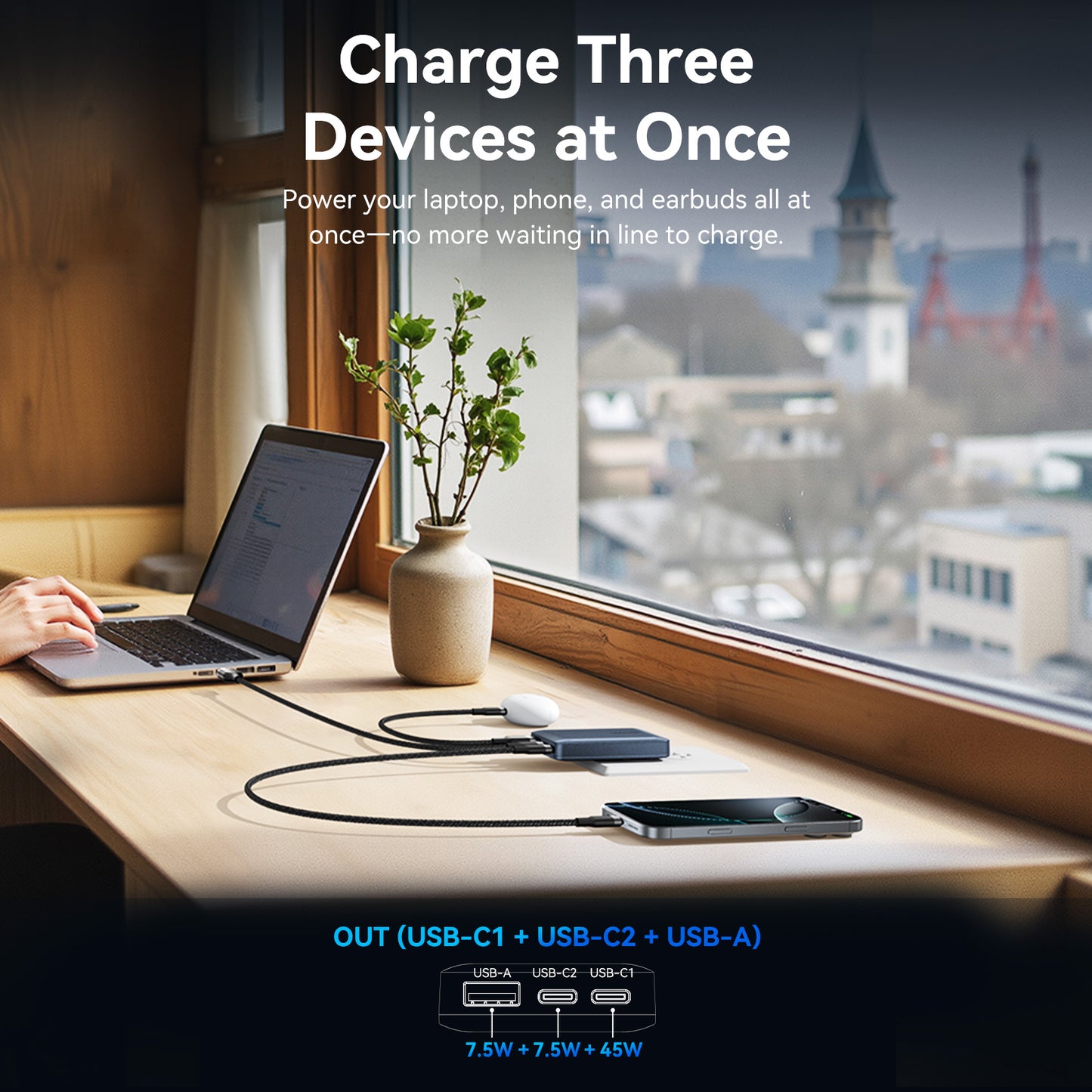 Vention FCBH0 Charger Wall GaN 65W 2xUSBC 1xUSBA Ultra Slim UK/EU/US