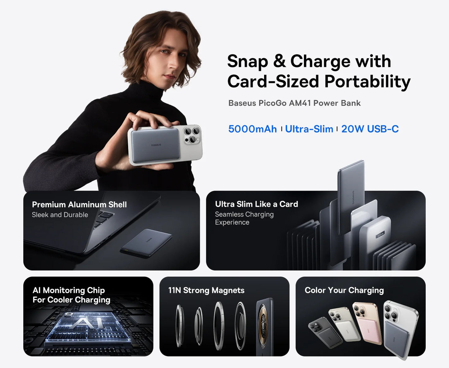 Baseus PicoGo AM41  Powerbank Wireless 20W 5000mAh Titanium