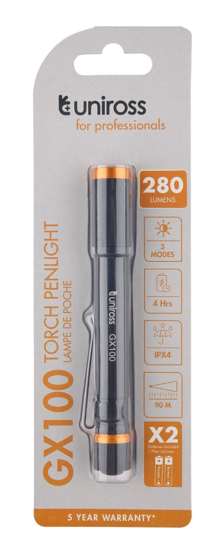 Uniross GX100 Penlight IPX4 Waterproof Torch 280 lumens 90m Beam (Incl 2xAA)