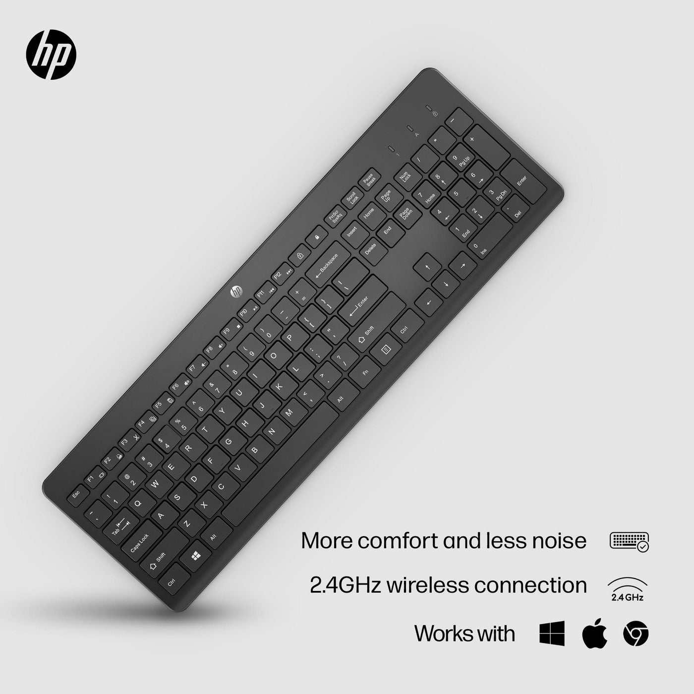 HP 3L1E7AA KEYBOARD 230 WIRELESS, STYLISH DESIGN WITH COMFORT IN MIND, EASILY ACTIVATES ALL 12 FUNCTION KEYS WITH JUST ONE CLICK, UP TO 16 MONTHS OF POWER, BLACK